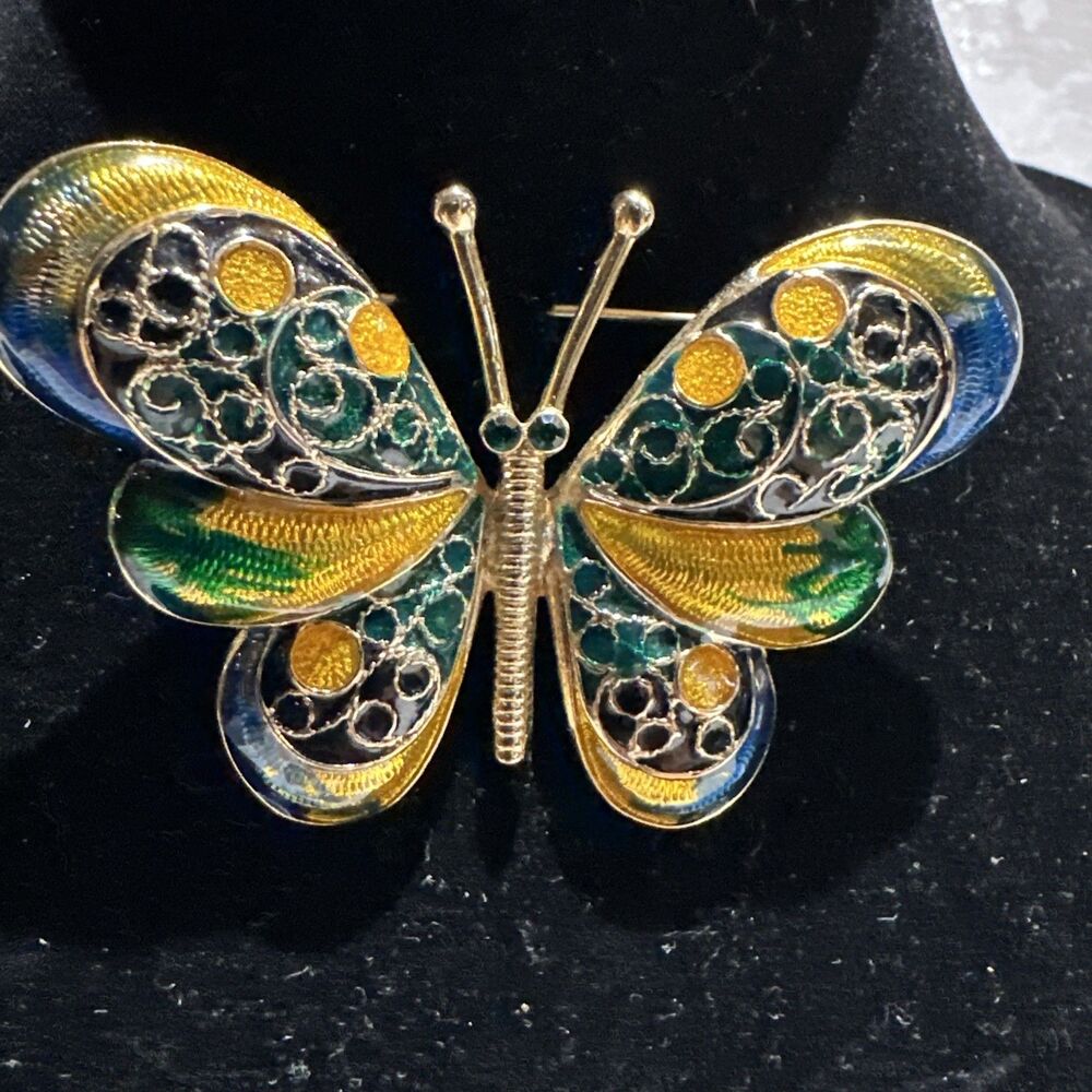 A Beautiful Vintage Enameled Colorful Green & Mustard Butterfly Pin Broach